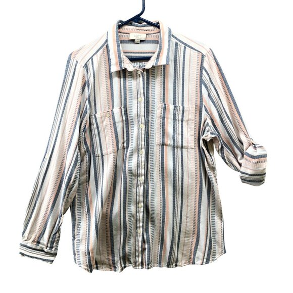 Loft Woven Button Down Shirt Womens XL Striped Multicolor Roll Tab Coastal - Picture 1 of 10